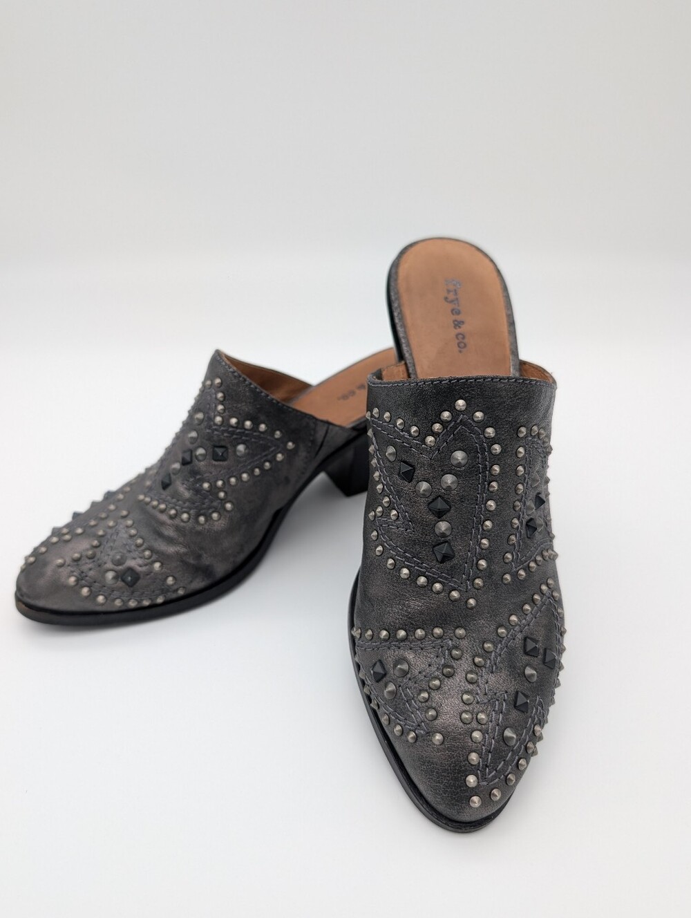 Frye & Co Phoenix Studded Heeled Mule Gray, Silver And Black 7.5M